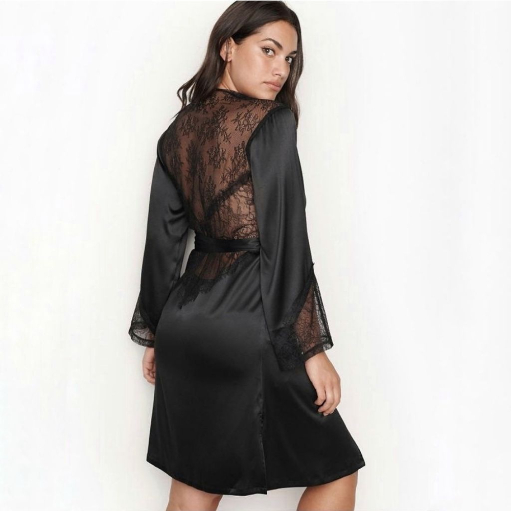 Victoria's Secret Chantilly lace kimono robe black satin women's bridal sleep